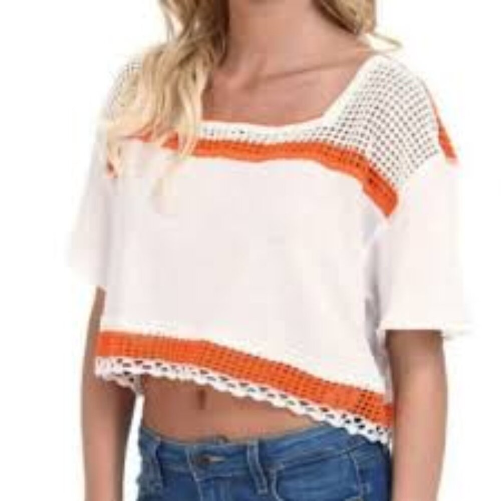 We The Free White Orange Crochet Short Sleeve Split Back Crop Top